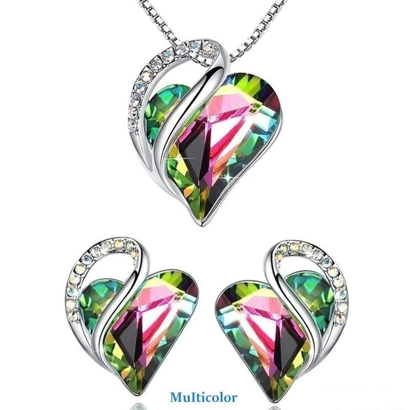 925 Silver Plated Heart Crystal Earrings & Necklace Set | Nixie Crystal Jewelry Set Nixie