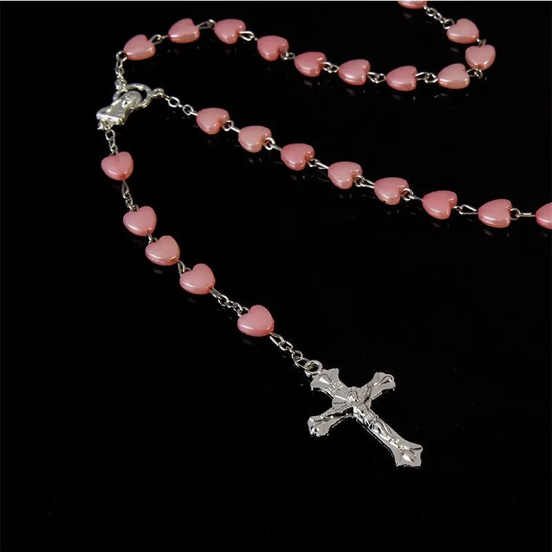 White Gold-Plated Cross & Heart Beaded Necklace | Nixie Beaded Necklace Nixie