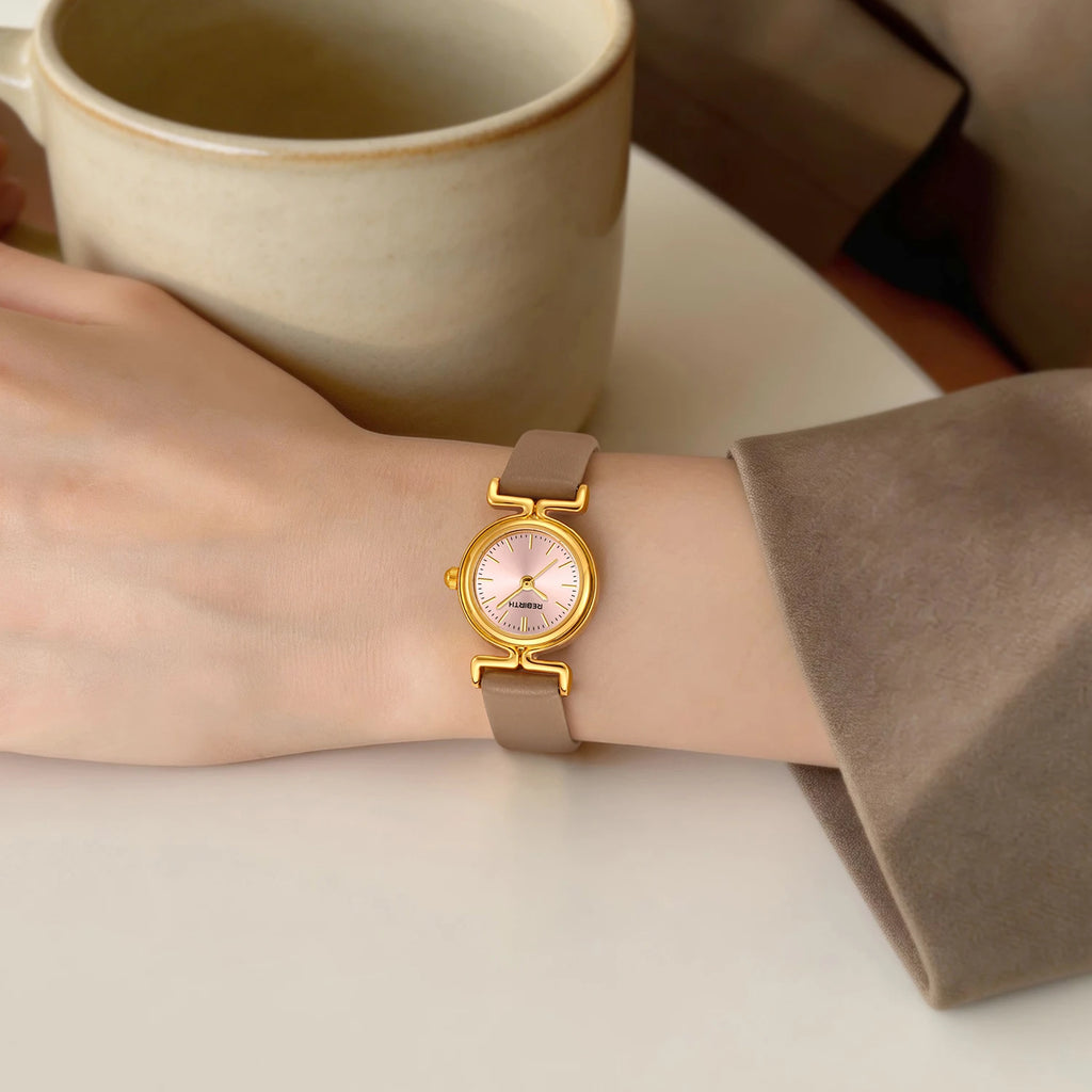 REBIRTH Gold Quartz Watch – Leather Band, Water-Resistant Quartz Wrist Watch Nixie