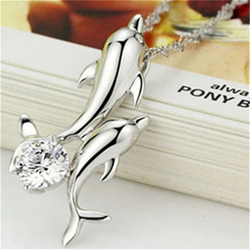 Double Dolphin Rhinestone Pendant Necklace – Silver Black Gold Pendant Necklace Nixie