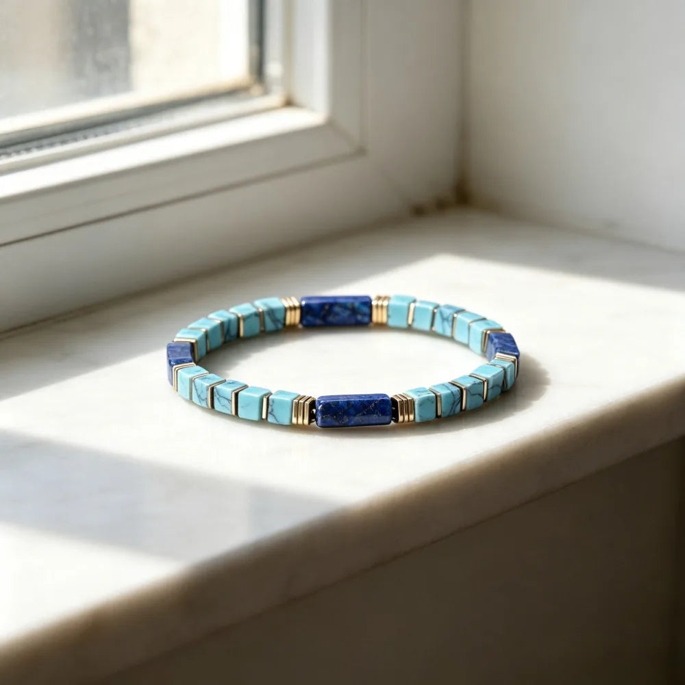 Natural Turquoise & Lapis Lazuli Square Tube Bracelet | Stackable Stone Strand Bracelet Nixie
