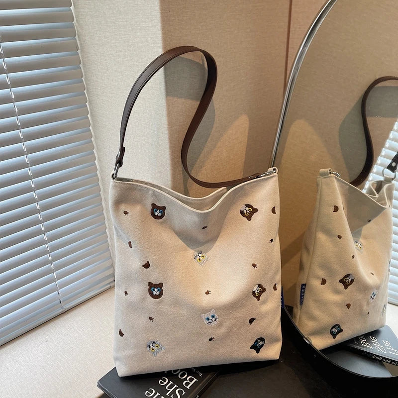 Women's Embroidered Canvas Tote Bag | Korean Minimalist Style Canvas Shoulder Tote Nixie