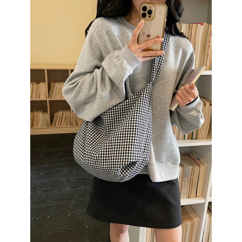 Korean Retro Plaid Canvas Tote Bag – Large Shoulder & Crossbody Canvas Tote Bag Nixie