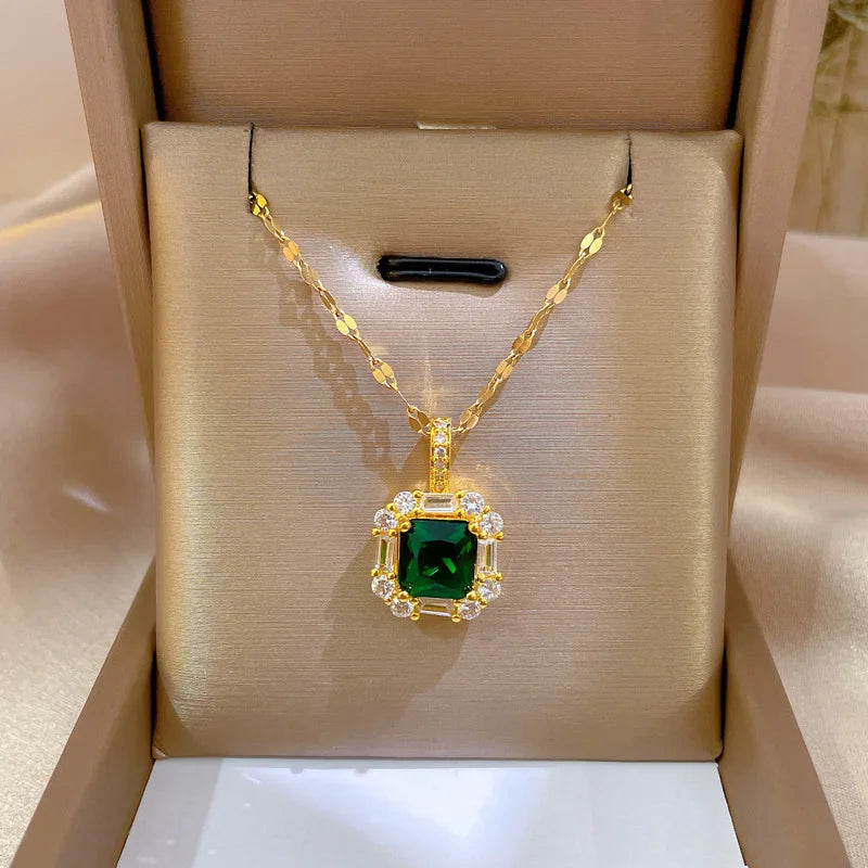 Square Zircon Emerald Pendant Necklace | Stainless Steel & Copper