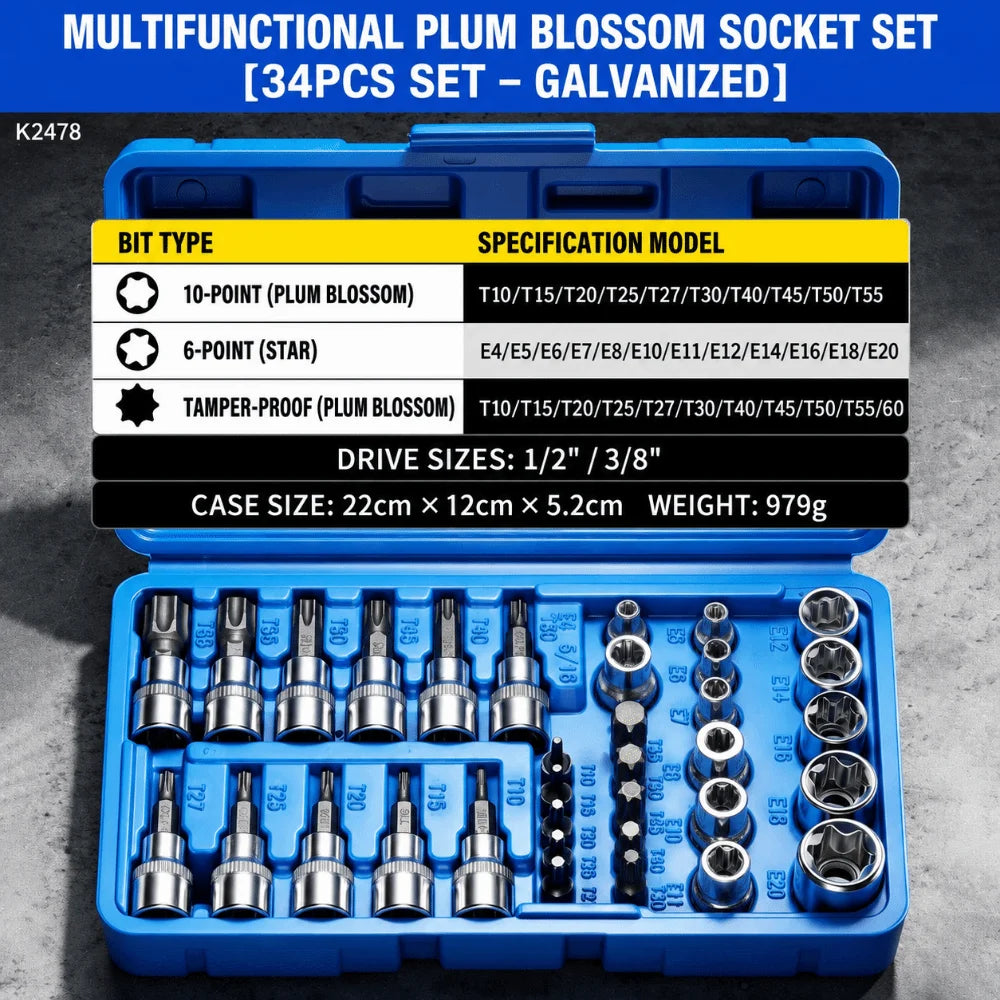 34-Piece 3/8" E-Torx Star Bit Socket Set – Hard Alloy Kit