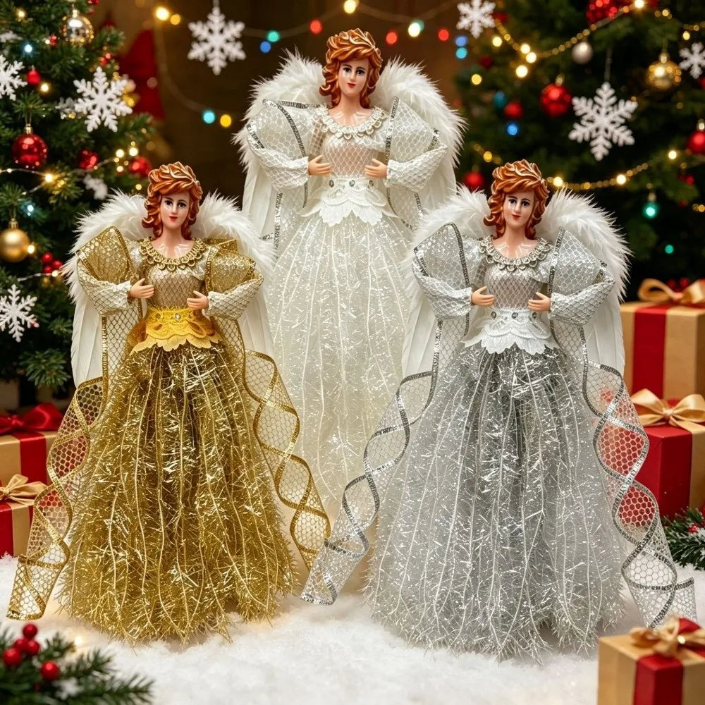 30cm Angel Christmas Tree Topper with Wings | White Gold Silver
