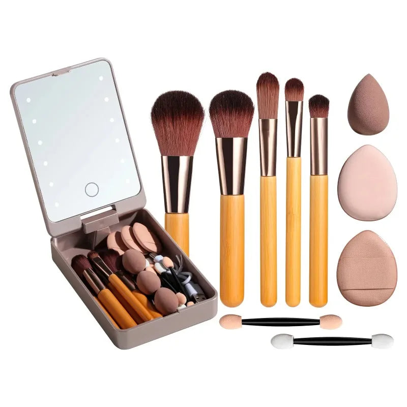Travel Makeup Brush Set with Illuminated Folding Mirror & Sponges