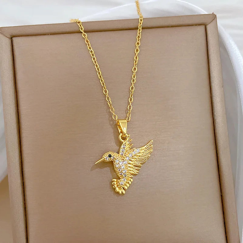 Bird Pendant Choker Necklace | Gold Stainless Steel & Zircon Pendant Choker Necklace Nixie