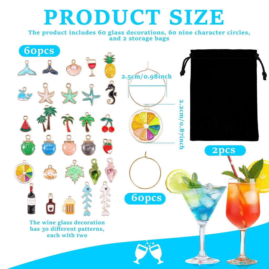 60-Piece Wine Glass Charms Set – Beach Party Drink Markers Wine Glass Charms Nixie