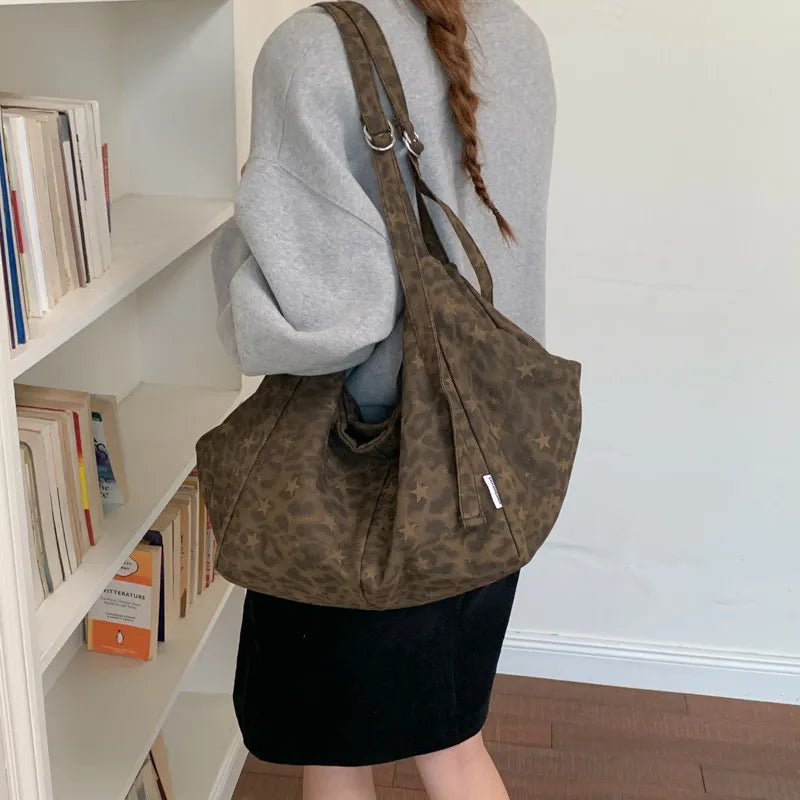 Leopard Print Canvas Tote Bag – Oversized Korean Women's Bag Canvas Tote Bag Nixie Brown