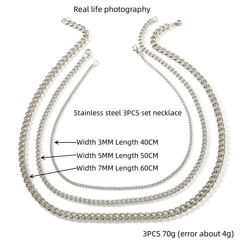 3-Piece Cuban Chain Necklace Set – Stainless Steel Unisex Hip Hop Chain Necklace Set Nixie