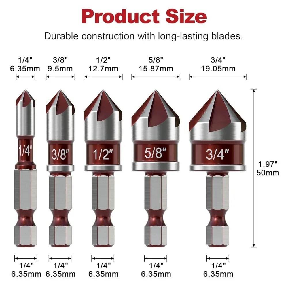 5-Piece Countersink Drill Bit Set | 1/4"–3/4" Hex Shank Countersink Drill Bits Nixie
