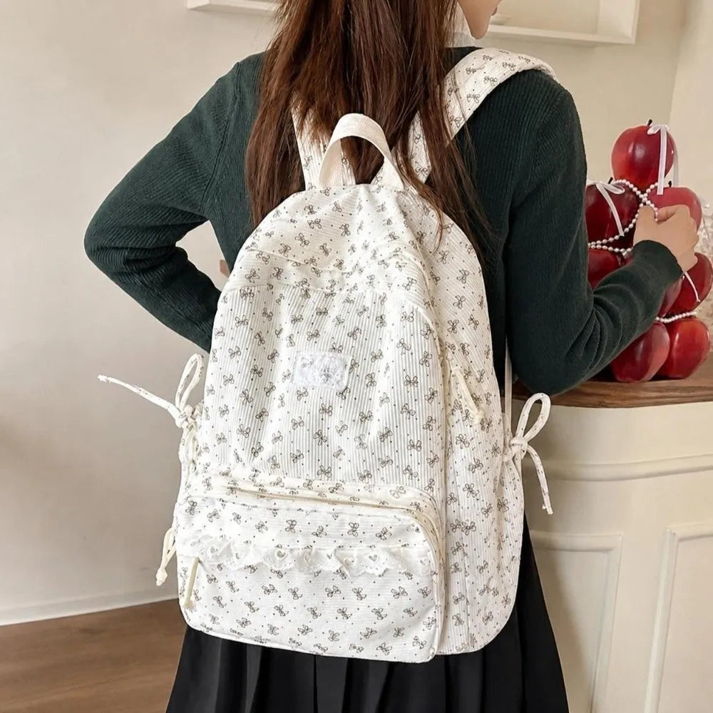Korean Corduroy Backpack Bow Knot Polka Dot Preppy School Bag