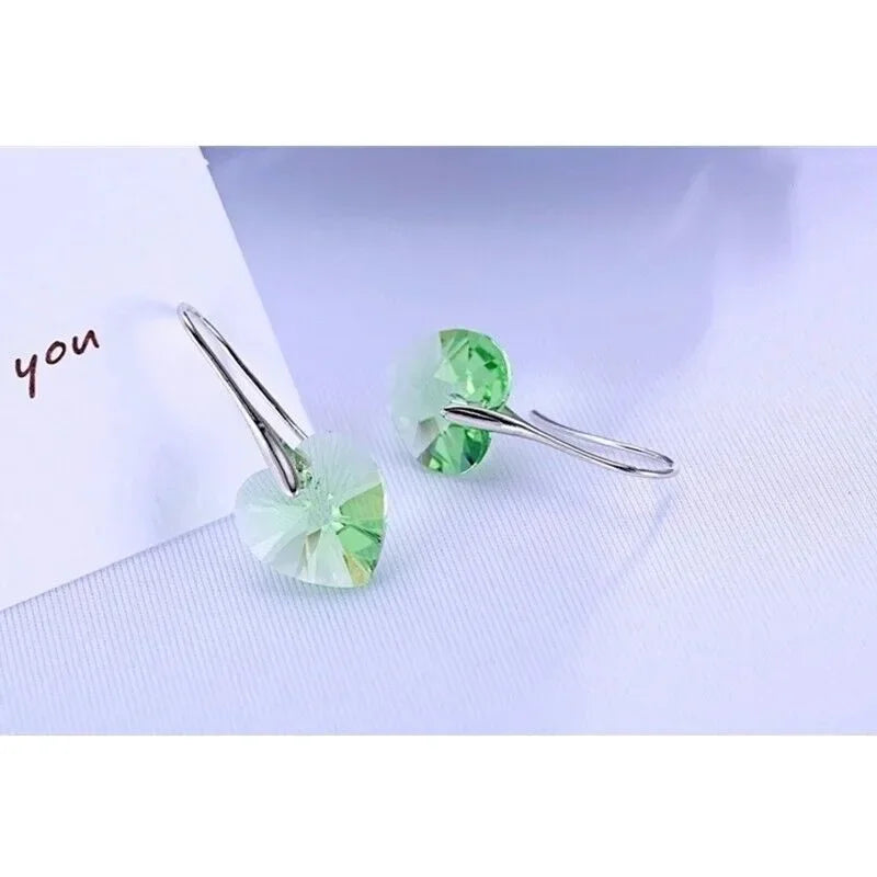 Women's Silver Green Rhinestone Heart Hook Drop Earrings