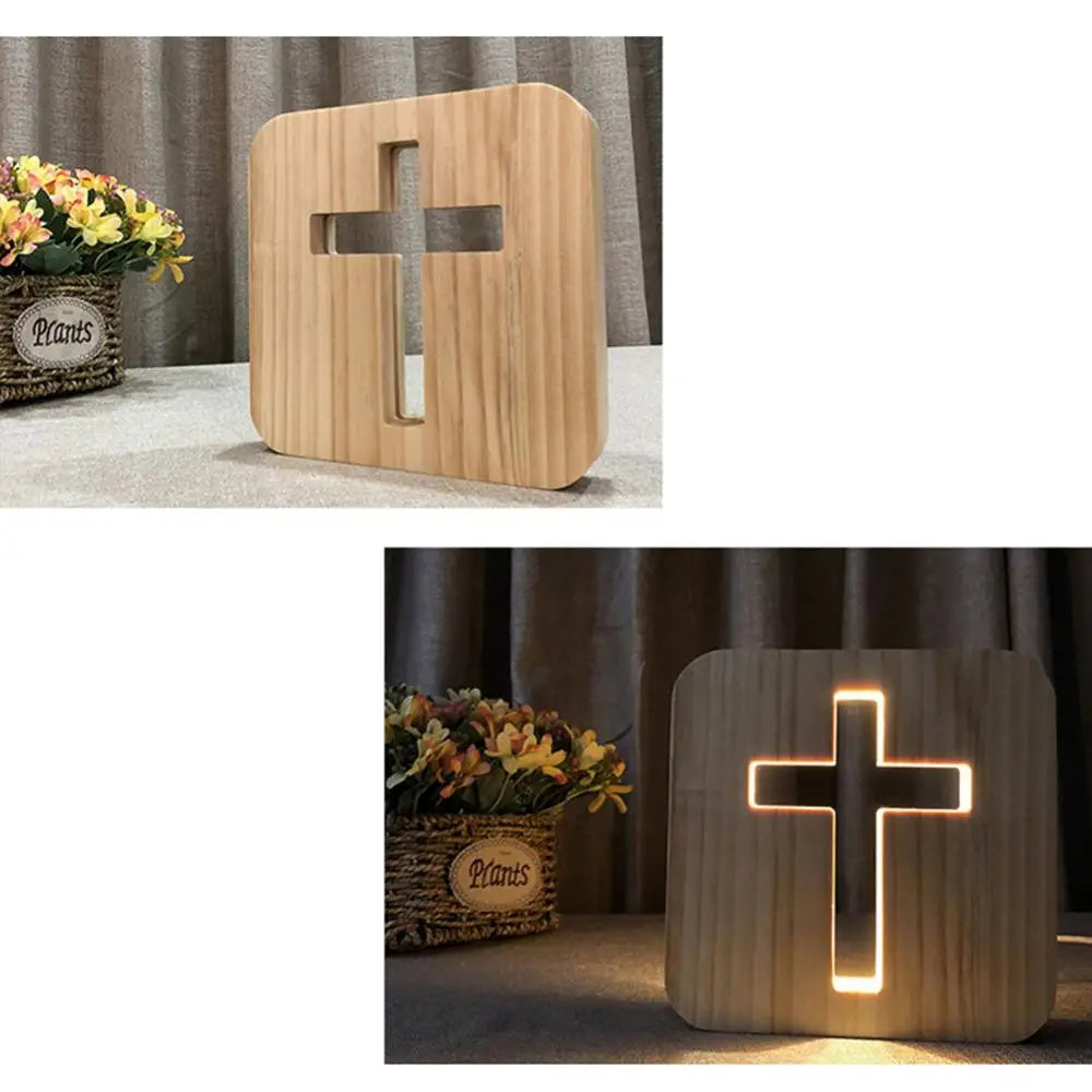 3D Wooden Cross USB LED Night Light – Christian Table Décor