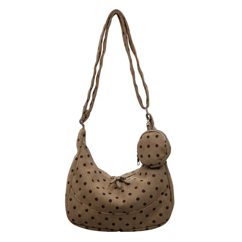 Korean Polka Dot Pleated Corduroy Crossbody Dumpling Bag