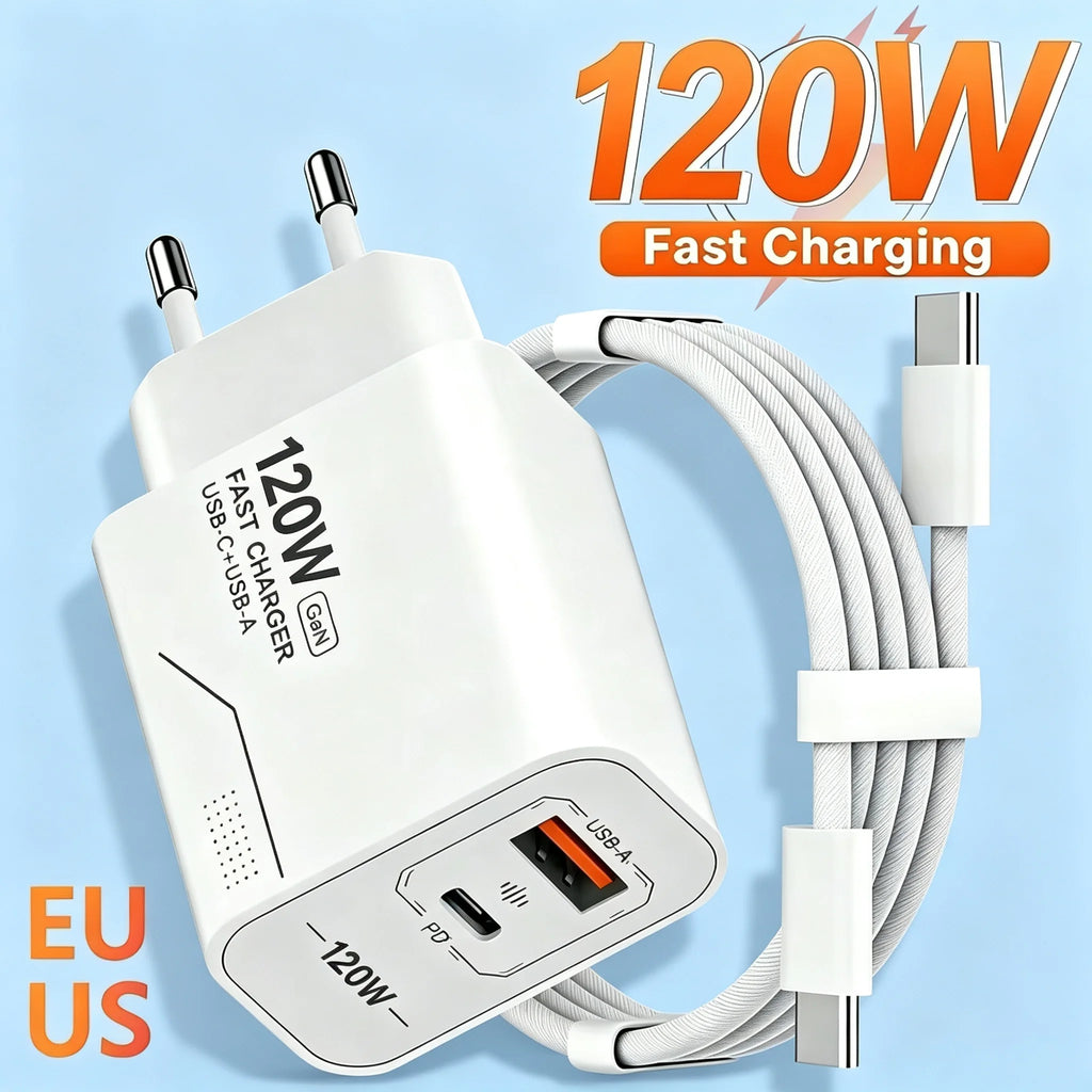 120W GaN 2-Port USB-C PD Fast Wall Charger – US & EU Plug GaN Wall Charger Nixie