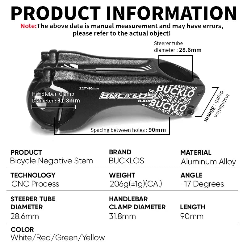 BUCKLOS 90mm -17° Negative MTB Bike Stem | Aluminum Alloy MTB Bike Stem Nixie