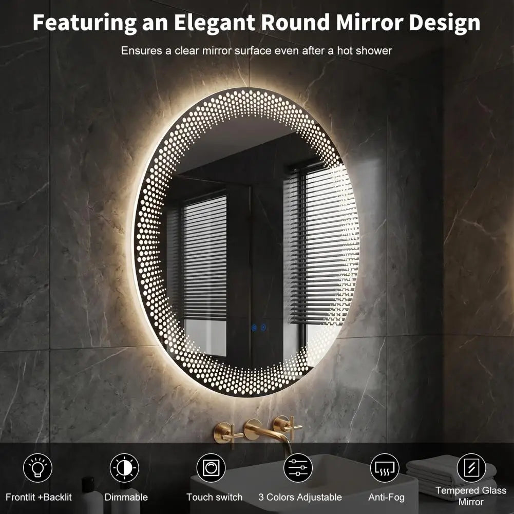 Round LED Bathroom Mirror – Anti-Fog, Dimmable, 3 Color Temps