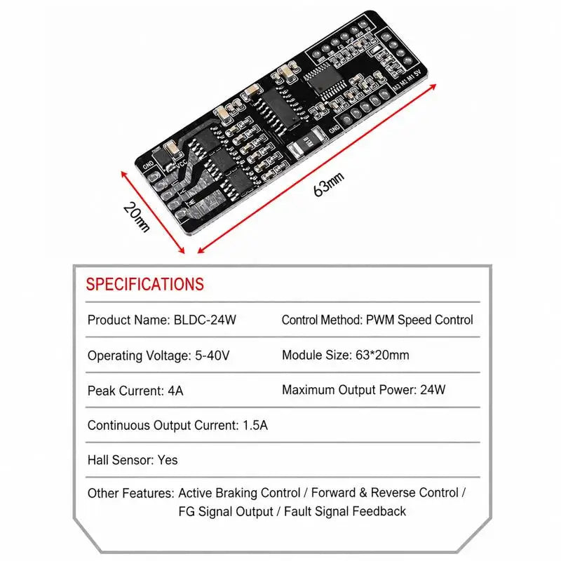 BLDC 24W Motor Driver Board 5-40V 2A Hall Sensor Speed Controller