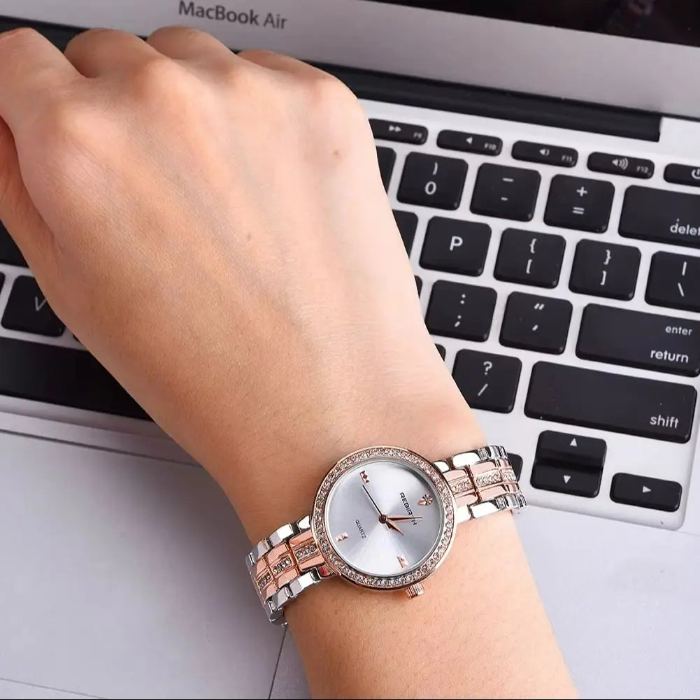 REBIRTH Women's Rose Gold Quartz Watch Diamond Bezel | Gift Women's Quartz Watch Nixie