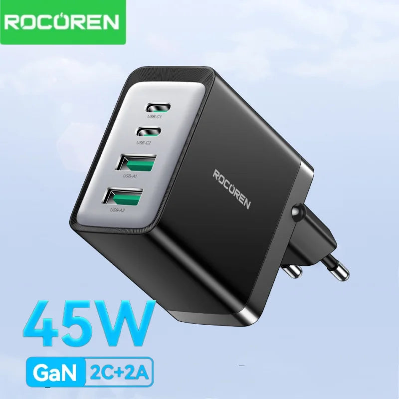 Rocoren GaN 45W 4-Port Fast Charger USB-C USB-A iPhone Samsung