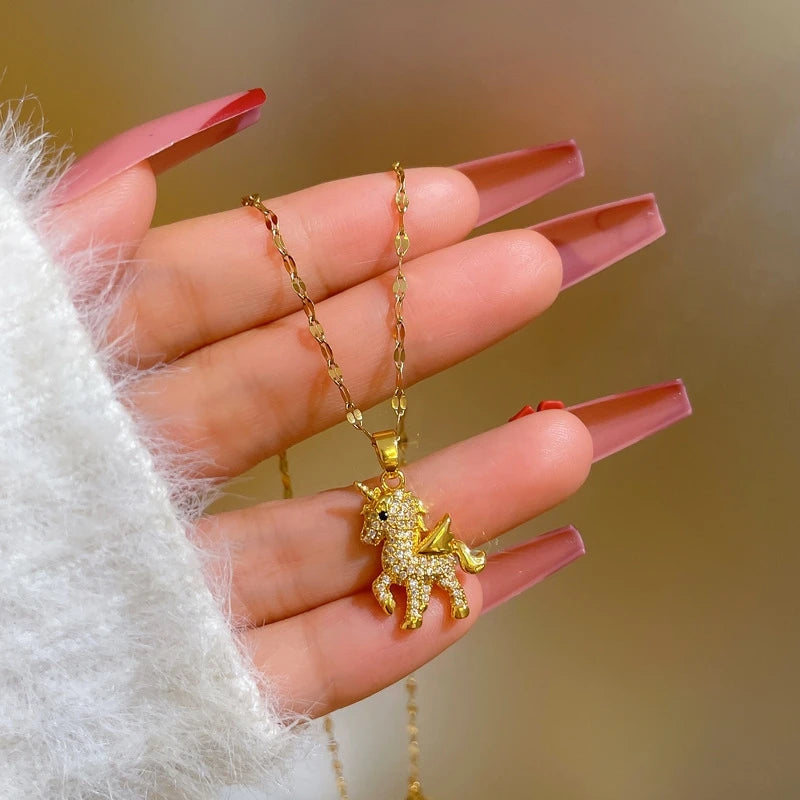 Zircon Unicorn Pendant Necklace | Gold-Plated Women's Jewelry