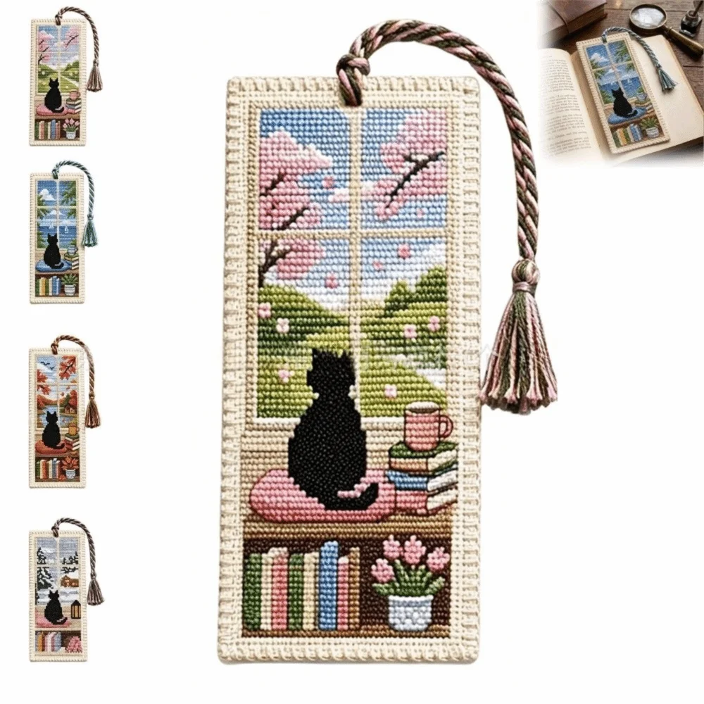 Seasonal Cat Cross Stitch Bookmark DIY Kit with Braided Tassel Cross Stitch Craft Kit Nixie
