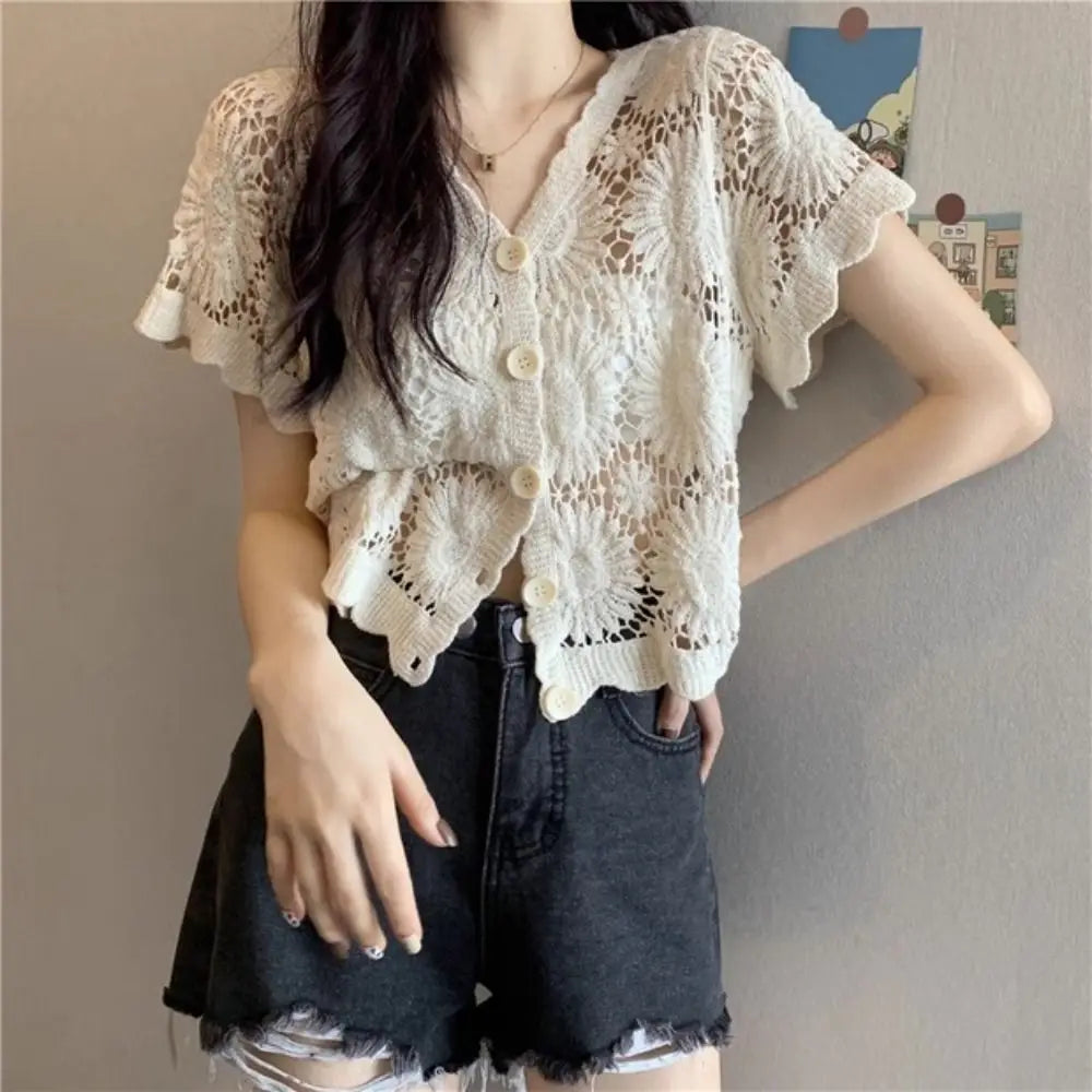 Women's V-Neck Crochet Cardigan Open-Knit Boho Blouse Crochet Cardigan Nixie
