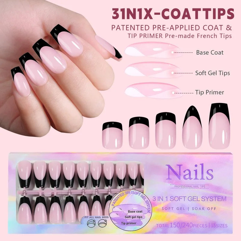 Black Pink French Tip Press On Nails with Rhinestone 24pcs Press On Nails Nixie