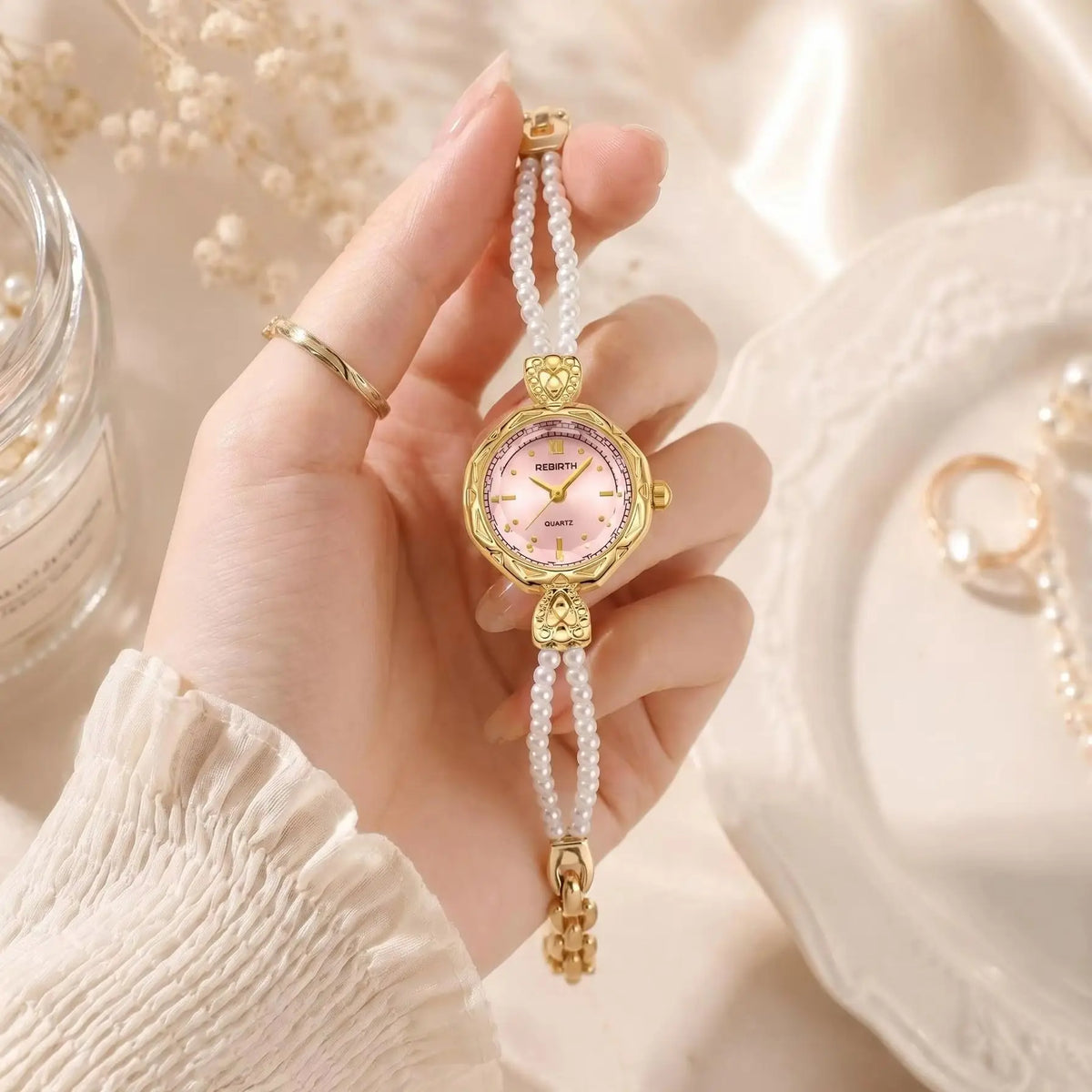 REBIRTH Pearl Bracelet Quartz Watch – Casual & Fashion Pearl Bracelet Watch Nixie