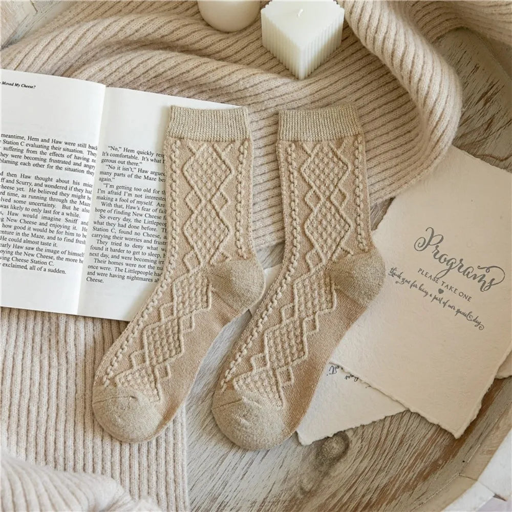 Women's Wool Blend Cable Knit Thermal Crew Socks | Winter Knit Crew Socks Nixie Beige 35-39