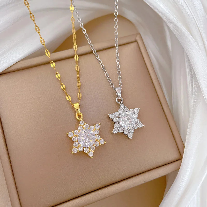 Snowflake Copper Pendant Necklace – Zircon Stainless Steel Choker Pendant Necklace Nixie