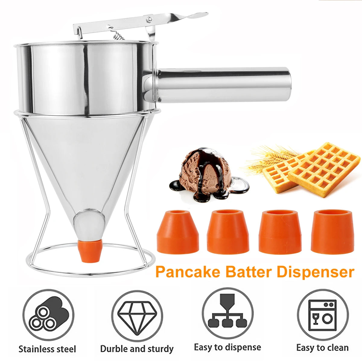 Stainless Steel Pancake Batter Dispenser with Stand & 4 Spouts