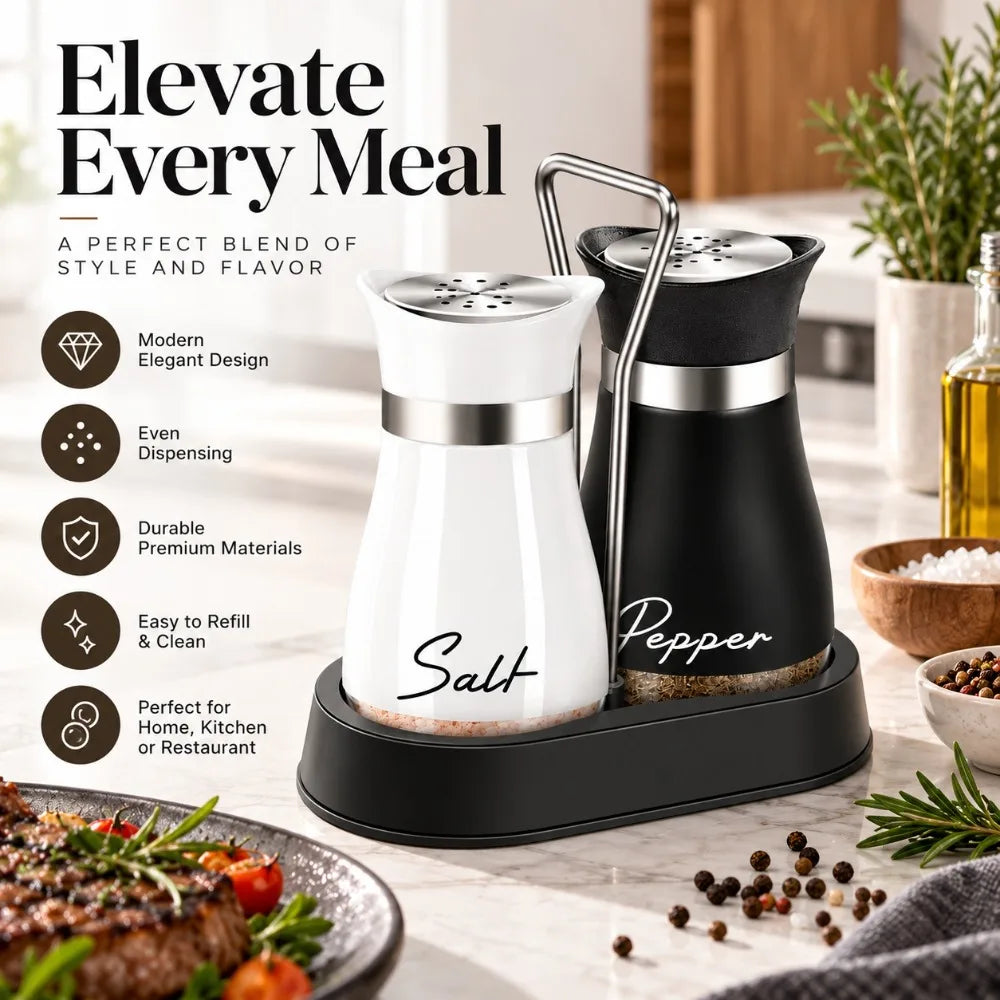 3-Piece Salt & Pepper Shaker Set with Stand – Farmhouse Spice Jar Salt & Pepper Shaker Set Nixie