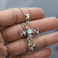 Silver Flower Vine Cross Pendant Imitation Opal Necklace Pendant Necklace Nixie Blue Zinc