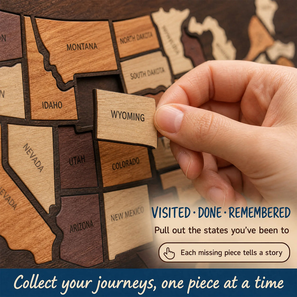Wooden USA Map Puzzle Travel Tracker | Wall Art & Home Décor Wooden Map Puzzle Nixie