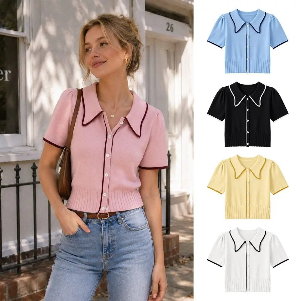 Women's Knitted Crop Top Lapel Collar Slim Fit Summer T-Shirt Knitted Crop Top Nixie