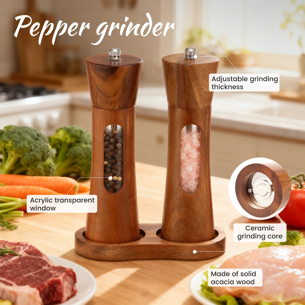 2-Pack Wooden Salt & Pepper Grinder Set with Tray & Spoon Salt & Pepper Mill Set Nixie