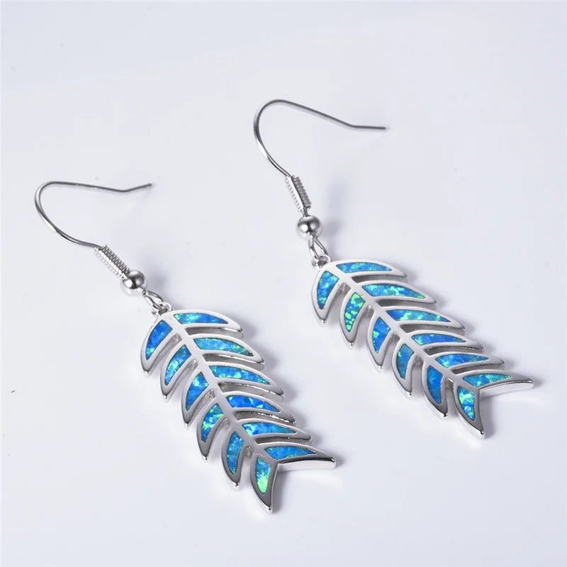 Vintage Simulated Opal Feather Dangle Drop Earrings | Retro Dangle Drop Earrings Nixie Blue