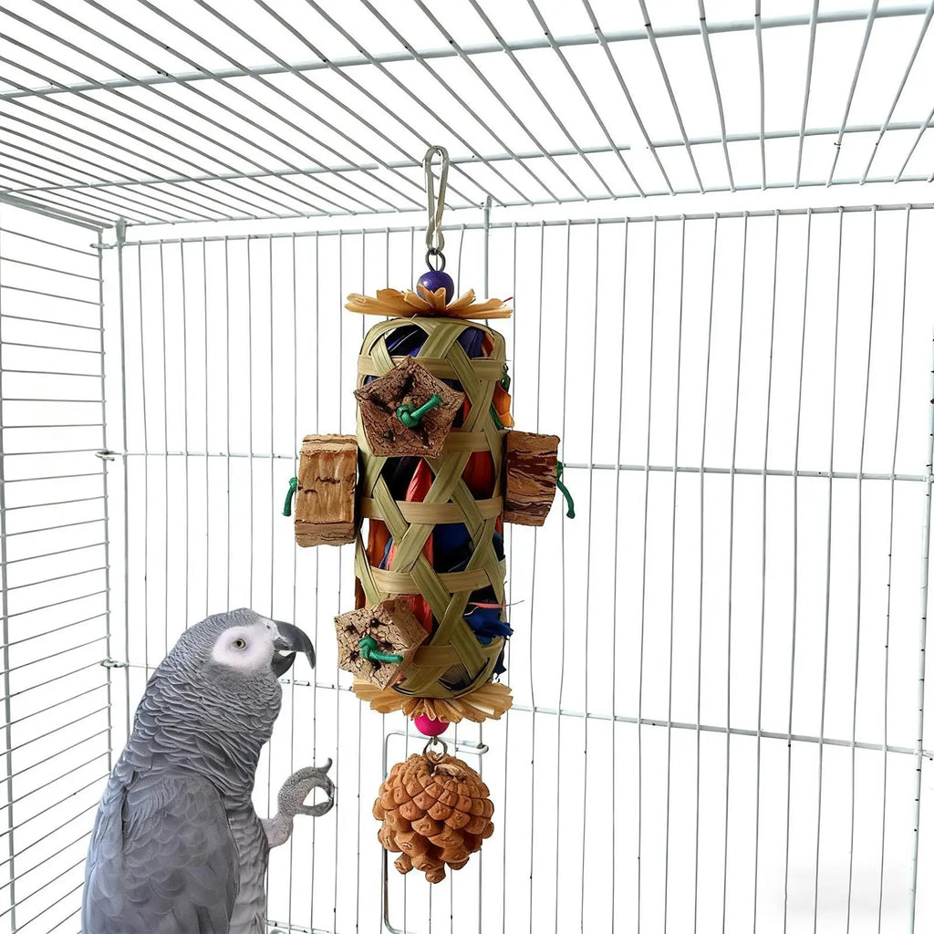 Parrot Hanging Chew Toy Bird Foraging Basket – Wood & Corn Cob Bird Foraging Toy Nixie