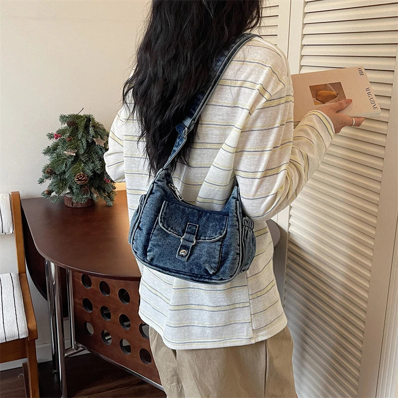 Korean Minimalist Denim Crossbody Crescent Bag for Women Denim Crossbody Bag Nixie