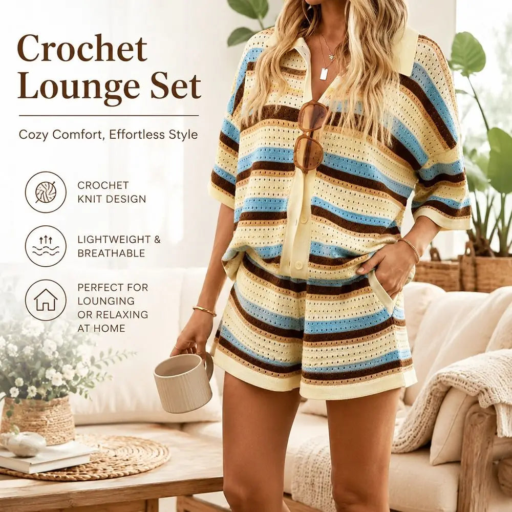 Women's Loose Knit Stripe Shorts Set – Crochet Top & Shorts Knit Shorts Set Nixie