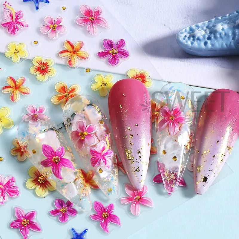 5D Embossed Nail Stickers – Tropical Floral & Starfish Decals Nail Art Stickers Nixie
