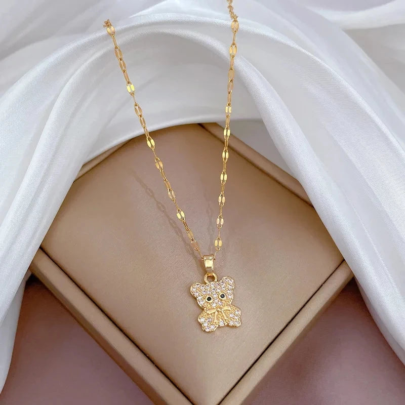 Butterfly Bear Pendant Gold Choker Necklace – Stainless Steel Pendant Choker Necklace Nixie