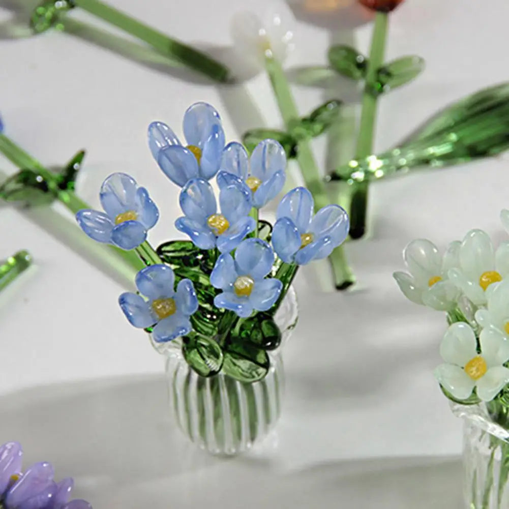 Hand-Blown Glass Flower Bouquet Set with Vase – 7pc Mini Decor Glass Floral Ornament Nixie