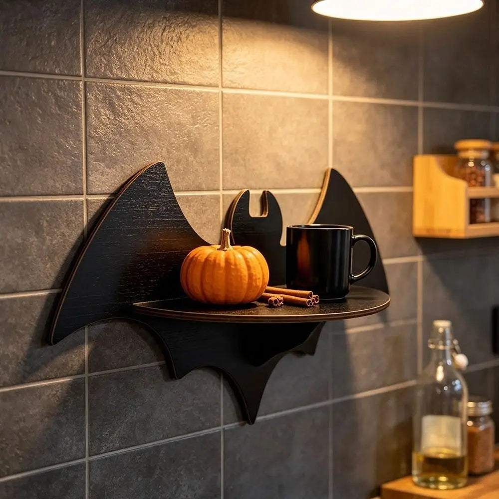 Halloween Floating Wall Shelf – Gothic Ghost & Bat Wood Décor