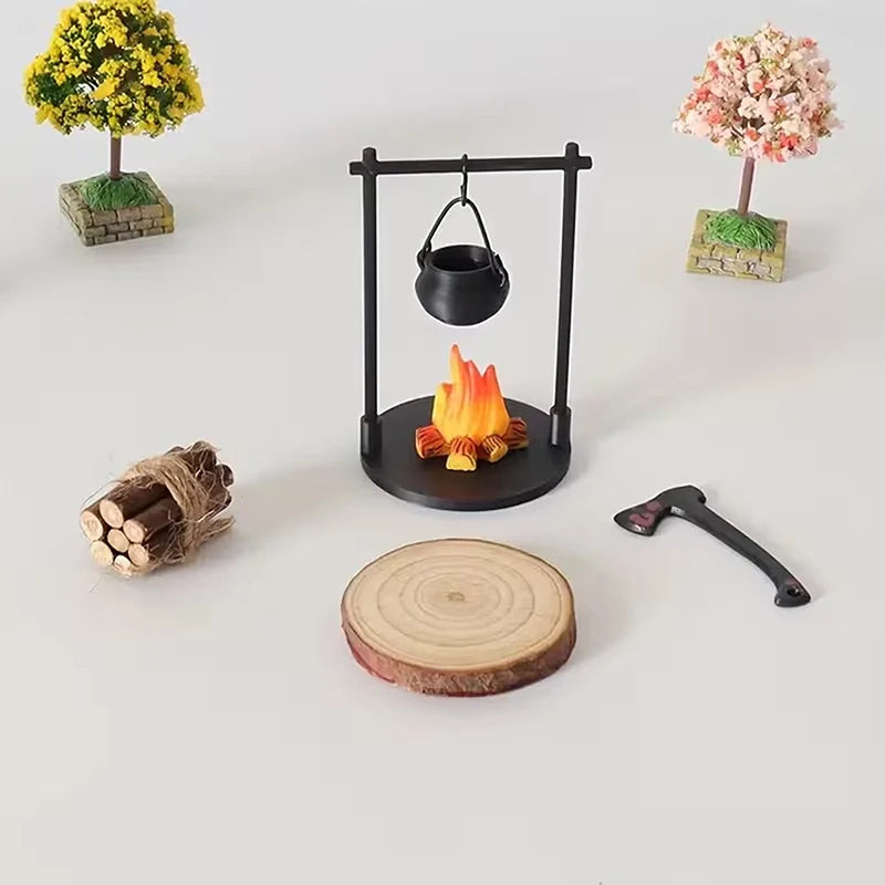 Fantasy Miniature Campfire & Teapot Resin Sculpture Decor Miniature Sculpture Nixie
