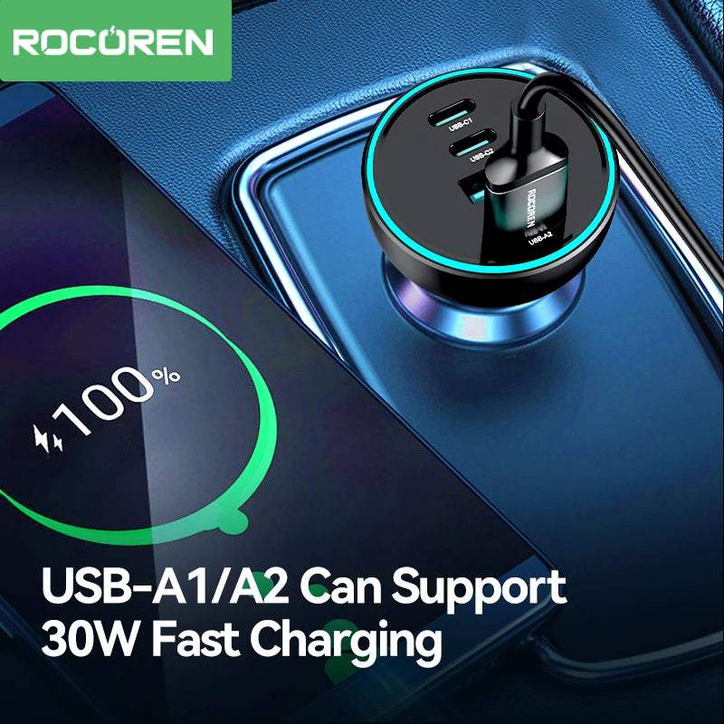 Rocoren 70W 4-in-1 USB-C Car Charger – PD & QC4.0 USB Car Charger Nixie