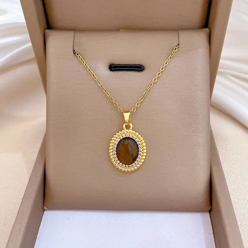 Oval Zircon Pendant Necklace | Gold-Plated Clavicle Chain Pendant Necklace Nixie